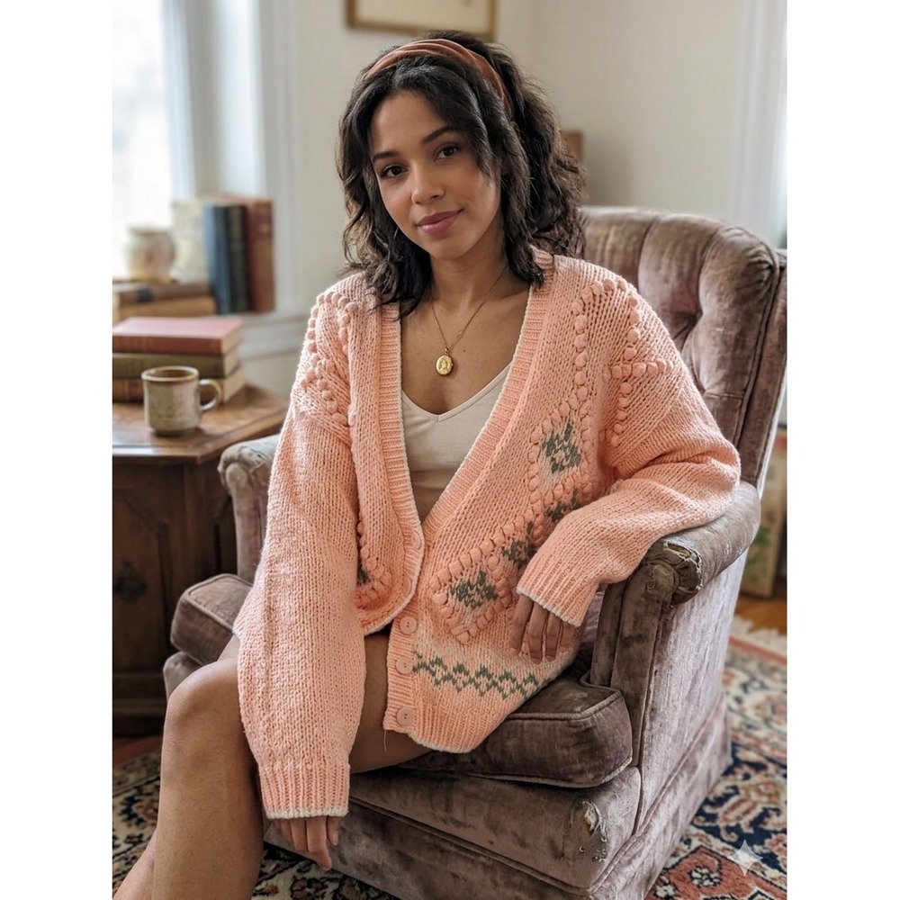 Sarit Hand Knitted Cardigan womensvintageMedium Pink Chunky Popcorn Knit